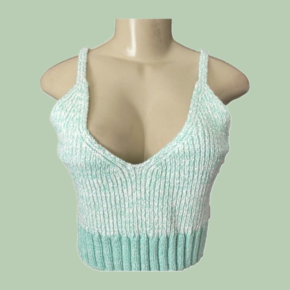 Intimately Free People XL Mint Green Marled Cotton Knit V-Neck Crop Top Ribbed